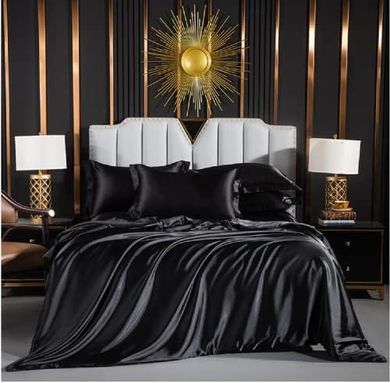 Luofanfei Satin Bettwäsche Set: Schwarz, 135x200 cm, Polyester, Reissverschluss.
