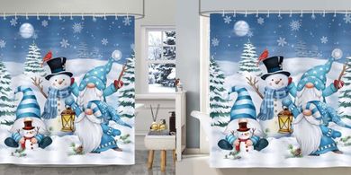 Weihnachts-Duschvorhang: Gnomen, Schneemänner, Wintermotiv (180x180cm)