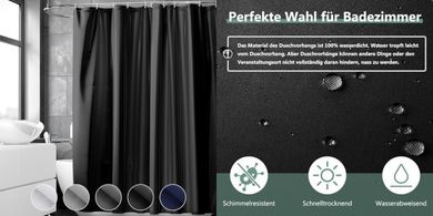 Wasserabweisender Duschvorhang (240x200cm), schwarz, antibakteriell, mit 8 Haken