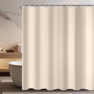 Beige Duschvorhang (180x200cm), beschwert, wasserabweisend, waschbar.
