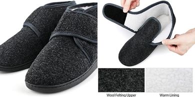 Warme Herren-Hausschuhe aus Filz mit Klett, breitem Fußbett und Memory-Foam.