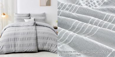 Qucover Seersucker Bettwäsche (135x200cm, grau-weiß): 4-teiliges Mikrofaser-Set
