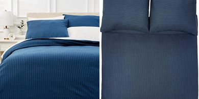 Amazon Basics Mikrofaser-Bettwäsche, Twin, Marineblau, gestreift