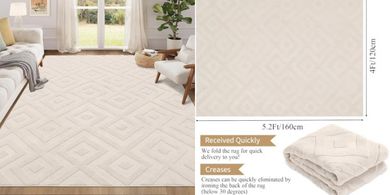 Waschbarer, flauschiger Kurzflor-Teppich (120x160cm), creme, geometrisch