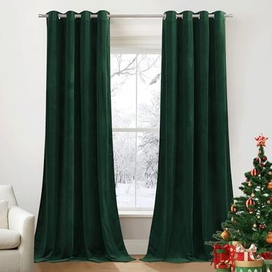 Dunkelgrüne Samtvorhänge (2er Set, 240x132cm, blickdicht, wärmeisolierend)