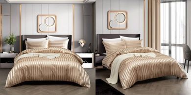 Tospass Satin Bettwäsche-Set (135x200cm, Khaki, gestreift, glänzend)