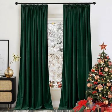 PONY DANCE Samt Vorhänge Dunkelgrün (300g/m²) Gardinen mit Kräuselband 2er Set H 240 x B 132 cm Thermogardine Kälteschutz Samtvorhang Kräuselband Gardinen Wohnzimmer Velvet Blackout Curtains
