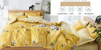 Boqingzhu Bettwäsche 135x200cm Gold Gelb Weiß Blumen Muster Kariert Wende Bettwäsche Set Microfaser Bettbezug und Kissenbezug 80x80cm mit Reißverschluss