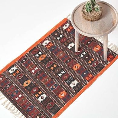 Handgewebter Baumwoll-Kelimteppich (60x90cm), bunt, geometrisch, Fransen