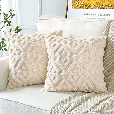 Weiche Plüsch-Kissenbezüge (2er Set, 40x40cm), creme/beige, geometrisch